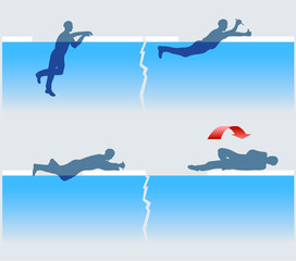 Drowning rescue on ice. Life-Saving Self-Rescue Skill. Vector.