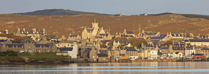 Lerwick with it's prominant Town Hall from across the water from Bressay, Shetland, UK.