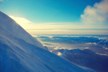Naklejka na ściany i meble Snowy peaks at the Mont Blanc area. Mont Blanc mountain massif summer landscape