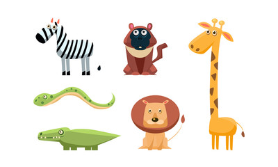 Cute wild African animals set, zebra, monkey, giraffe, snake, crocodile, lion, vector Illustration on a white background