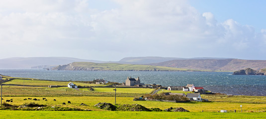A view across farmland on Bressay to Mainland, Shetland, Scotland, UK. - obrazy, fototapety, plakaty