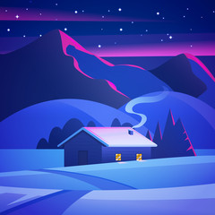 Christmas Landscape house in winter forest. Night landscape with mountains and a lonely hut