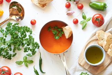 Gazpacho soup in a metal pan with fresh tomatoes, green sauce, chili, garlic, Basil and French baguette on a white background. Top view