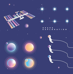 Collection of colorful gradient planets, astronauts, stars and space station