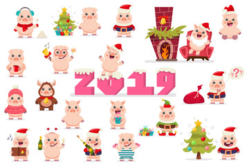 Cute Pig in Santa Claus costume vector set. Christmas cartoon funny animal character isolated on a white background. Symbol of the 2019 Chinese New Year.