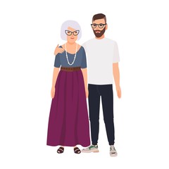 Grandson embracing his grandmother. Family portrait of old mother and adult son standing together. Adorable cartoon characters isolated on white background. Colorful vector illustration in flat style.