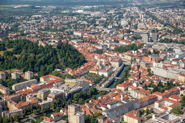 Fototapeta na wymiar Aerial view of Ljubljana old town and Ljubljanica River, Capital city of Slovenia
