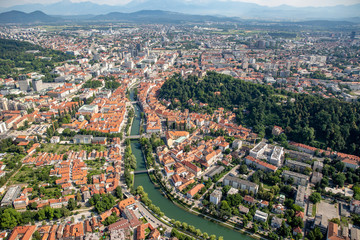Naklejka premium Aerial view of Ljubljana old town and Ljubljanica River, Capital city of Slovenia