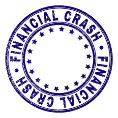 FINANCIAL CRASH stamp seal watermark with distress texture. Designed with round shapes and stars. Blue vector rubber print of FINANCIAL CRASH title with scratched texture.