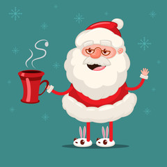 Happy Santa Claus with red coffee cup. Vector Christmas cartoon character isolated on snowflakes background.