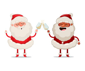 Two funny Santa Claus with glasses of champagne celebrate Christmas. Vector cartoon cute characterы isolated on white background.