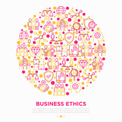 Business ethics concept in circle with thin line icons: union, trust, honesty, responsibility, justice, commitment, no to racism, recruitment service, core values. Vector illustration for print media.