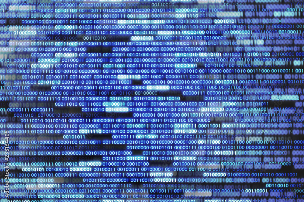 Poster cyber world information transfer. digital binary numbers one and zero. blue and white text on black 