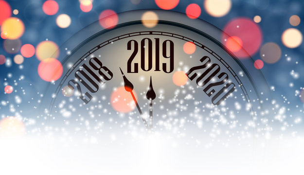 Blurred shiny New Year 2019 poster with clock.