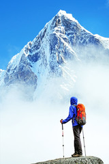 Hiker with backpacks reaches the summit of mountain peak. Success, freedom and happiness, achievement in mountains. Active sport concept. - obrazy, fototapety, plakaty