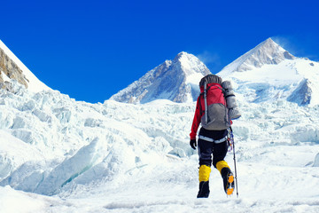 Climber reaches the summit of Everest. Mountain peak Everest. Highest mountain in the world. National Park, Nepal