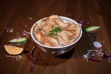 Close up view of plate with japanese food inside. Japan traditional food on wooden table. Selective focus