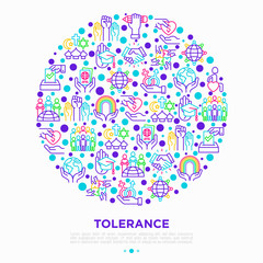 Tolerance concept in circle with thin line icons: gender, racial, religious, sexual orientation, interclass, for disability, respect, self-expression, human rights. Vector illustration for print media