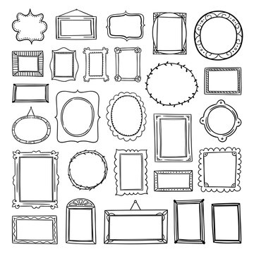 Vector frames hand drawn collection on white background. Cute outline frames graphic illustrations and clipart