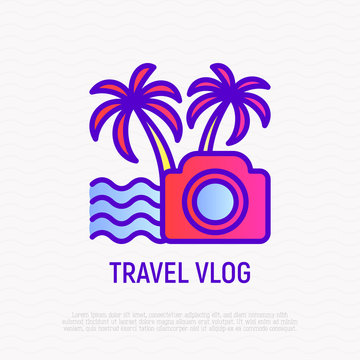 Travel blog thin line icon: camera, sea, palm trees. Modern vector illustration of filming vacations.
