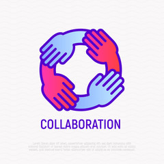Collaboration thin line icon: four hands holding each other. Modern vector illustration of teamwork, support, partnership.