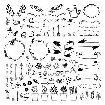 Hand drawn graphic set with cute vector doodle elements, ribbons, arrows, wreaths, plants, florals. Lovely boho style illustrations on white background