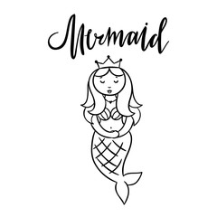 Mermaid cute vector illustration. Doodle underwater lovely outline character for children  style design