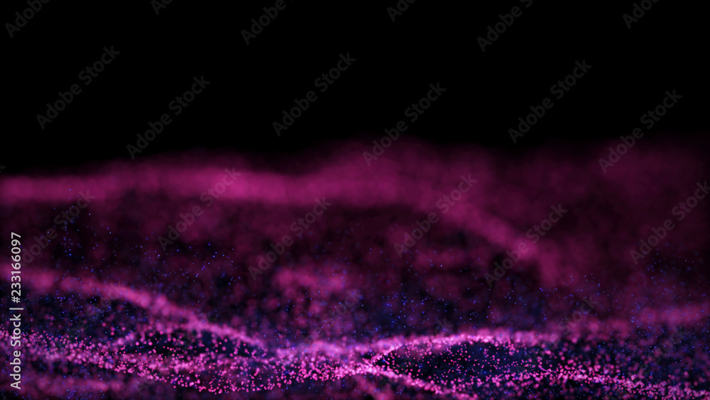 Poster Wave Glow. Wave of particles. Wave 3d. 3d rendering. Futuristic dots background with a dynamic wave. Abstract Big Data Visualization.
