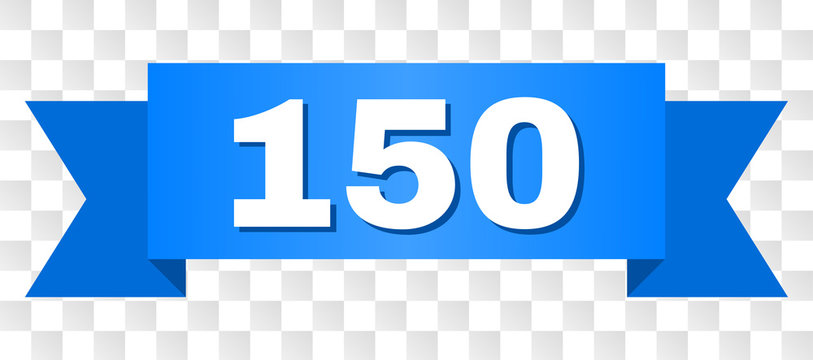 150 text on a ribbon. Designed with white caption and blue stripe. Vector banner with 150 tag on a transparent background.