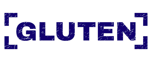 GLUTEN label seal print with corroded texture. Text tag is placed inside corners. Blue vector rubber print of GLUTEN with retro texture.