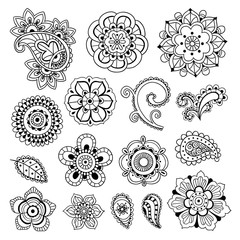 Mehndi and mandala vector illustrations on white background. Boho style indian orient doodle elements and henna drawings 