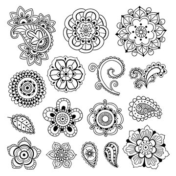 Mehndi and mandala vector illustrations on white background. Boho style indian orient doodle elements and henna drawings 