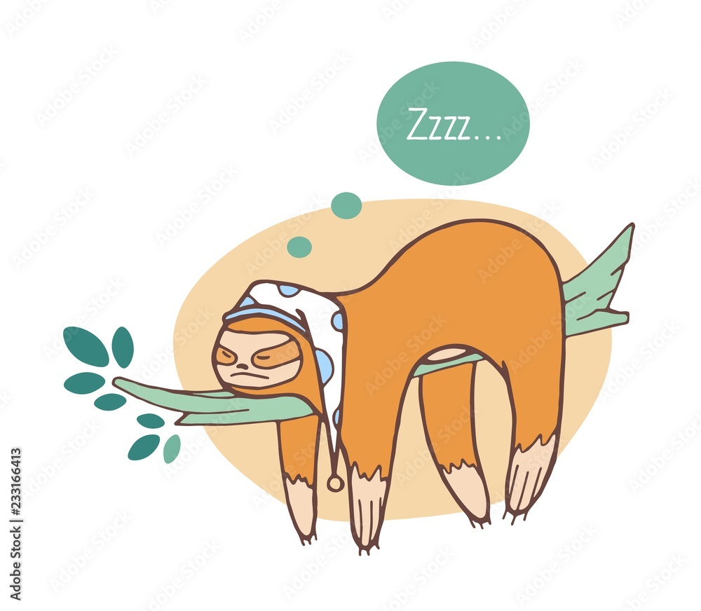 Poster Adorable sloth sleeping on branch. Lazy wild jungle animal taking nap or dozing on rainforest tree. Funny cartoon character isolated on white background. Colored hand drawn vector illustration.