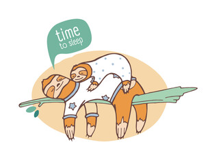 Pair of mom and baby sloths sleeping on branch © Good Studio