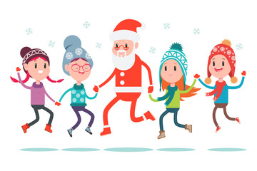 Happy boys and girls jumping with Santa Claus. Vector cartoon Christmas illustration of children characters isolated on white background.