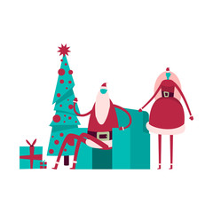 Santa Claus is sitting on the armchair near the Christmas tree with gifts. Vectro flat holiday illustration isolated on white background.