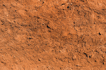 Dry soil texture and background. Red soil background. Abstract ground. Natural abstraction. Clay. Ocher. Red sands - obrazy, fototapety, plakaty