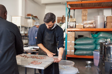 Workers sorting cocoa beans in an artisanal chocolate making factory