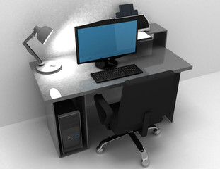 Home office desk whit lamp, computer and printer . 3d rendered illustration