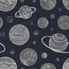 Wallpaper murals Bestsellers Seamless pattern with planets and other astronomical objects in outer space. Backdrop with planetary bodies hand drawn in dot art style. Monochrome vector illustration for wallpaper, fabric print.