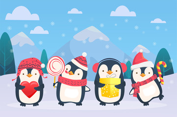 christmas penguins on snowy background