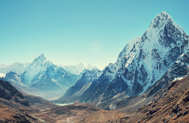 Mountain peak Everest. Highest mountain in the world. National Park, Nepal.