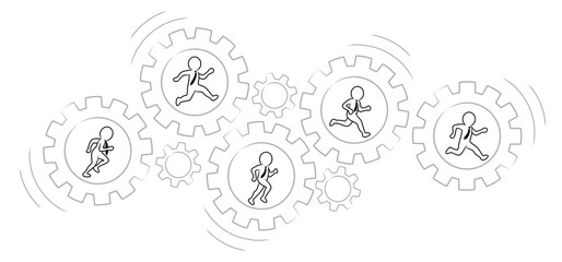 Zusammenarbeit / Teamwork: Eine Gruppe von Geschäftsleuten läuft in drehenden Zahnrädern / Vektor-Zeichnung / Konturen