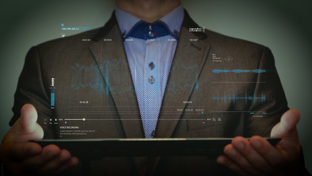 Futuristic portrait man holds in his hands a digital tablet which is a hologram of infographics. Concept from: Holograms, Future, Graphic technology, Infographic, Numbers, Values. - Powered by Adobe