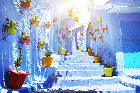 Traditional moroccan architectural details in Chefchaouen Morocco, Africa. Chefchaouen blue city in Morocco. © Andrii Vergeles