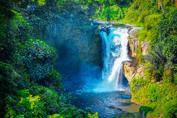 Fototapeta na wymiar Waterfall hidden in the tropical jungle. Majestic waterfall in the rainforest jungle. Green and clean waterfal