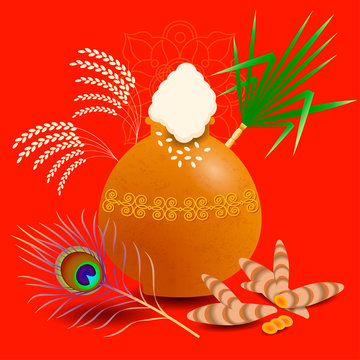 Pongal Hindu harvest festival in India and Sri Lanka. The concept of the event. Ceramic pot kolam with boiled rice. Peacock feather, Plants Sugarcane, turmeric, rice, ornament.