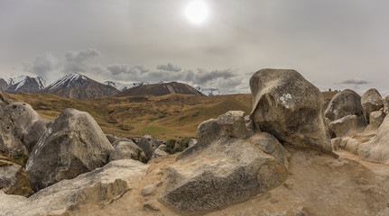 Fototapeta na wymiar The Castle Hill Conservation Area or Kura Tawhiti, Arthur's pass, Limestone rock formations, Alps, South island, New Zealand