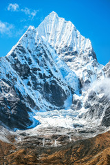 Mountain peak Everest. Highest mountain in the world. National Park, Nepal.