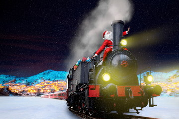 funny santa on vintage christmas train - obrazy, fototapety, plakaty